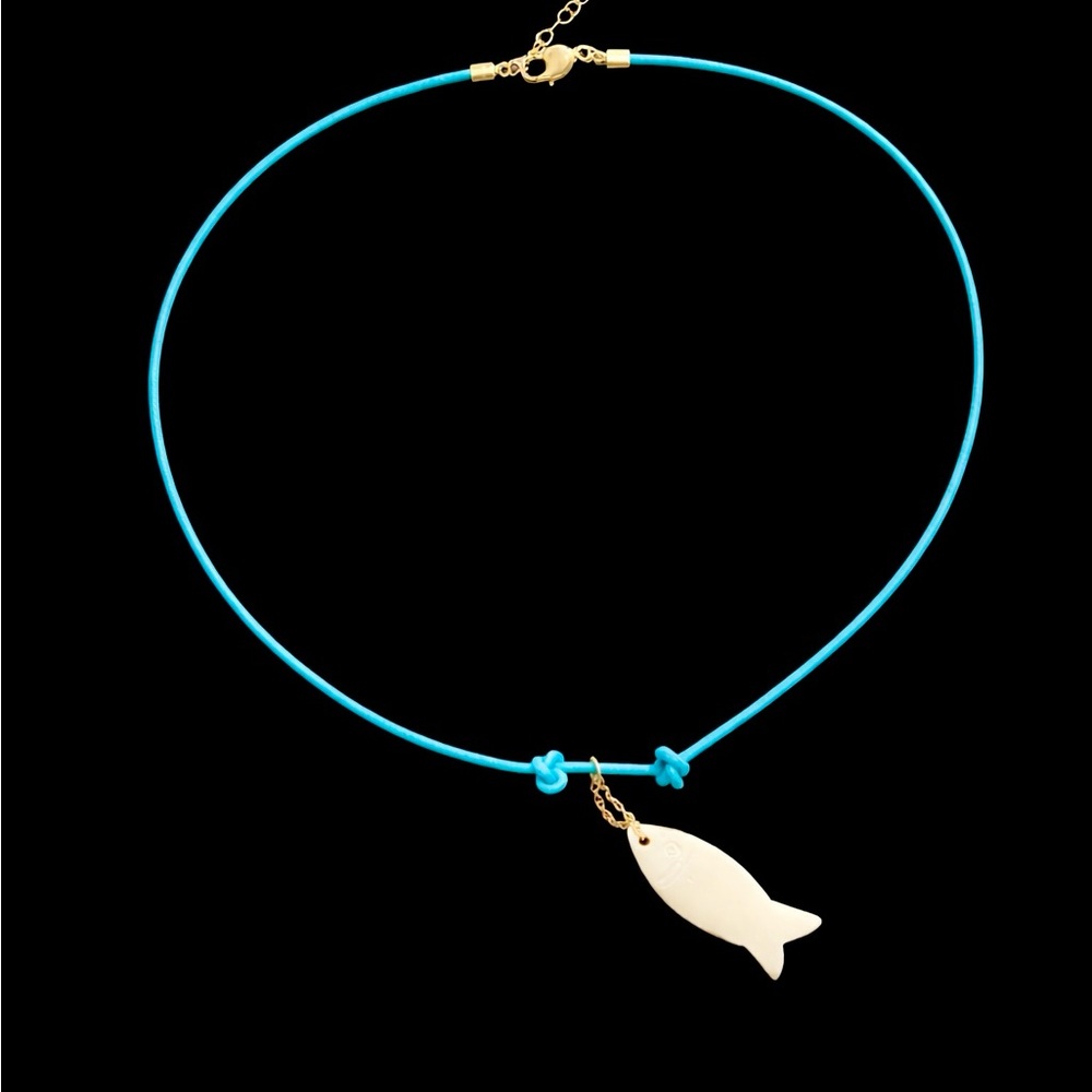 14K GOLD & LEATHER FISH NECKLACE